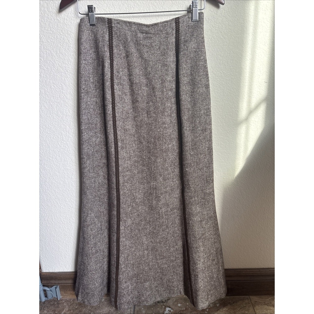 Vintage Together A-Line Fuller Cut Long Wool Blend Brown Skirt & Velvet Trim, 4